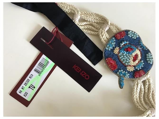 Kenzo Seidengürtel Creme mit Glasperlen Roh - Ansicht 5