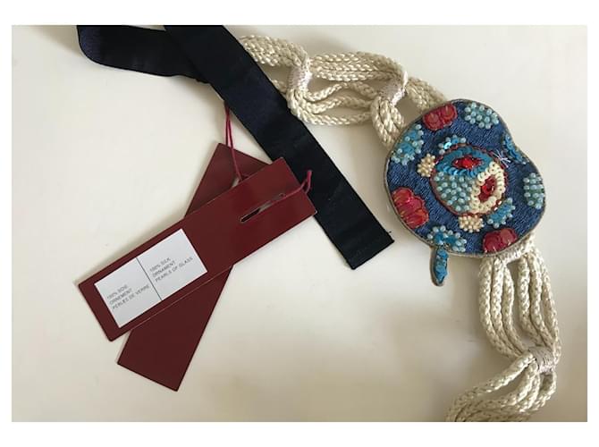 Kenzo Seidengürtel Creme mit Glasperlen Roh - Ansicht 6