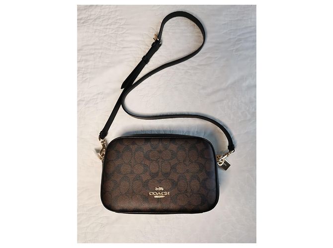 Borsa a tracolla Coach in tela e pelle nera e marrone oro Nero Marrone scuro Gold hardware - vista 12