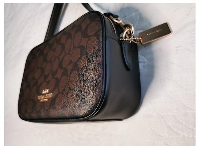 Borsa a tracolla Coach in tela e pelle nera e marrone oro Nero Marrone scuro Gold hardware - vista 14