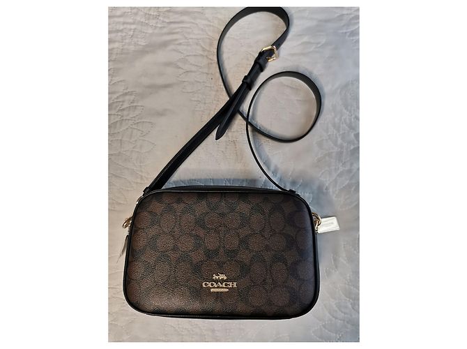 Borsa a tracolla Coach in tela e pelle nera e marrone oro Nero Marrone scuro Gold hardware - vista 6