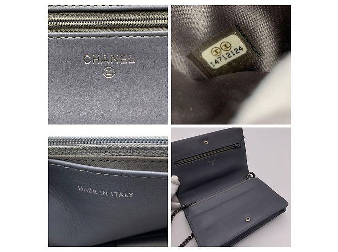 Wallet On Chain Chanel Cartera de camelia de charol azul oscuro y blanco con cadena WOC - vista 3