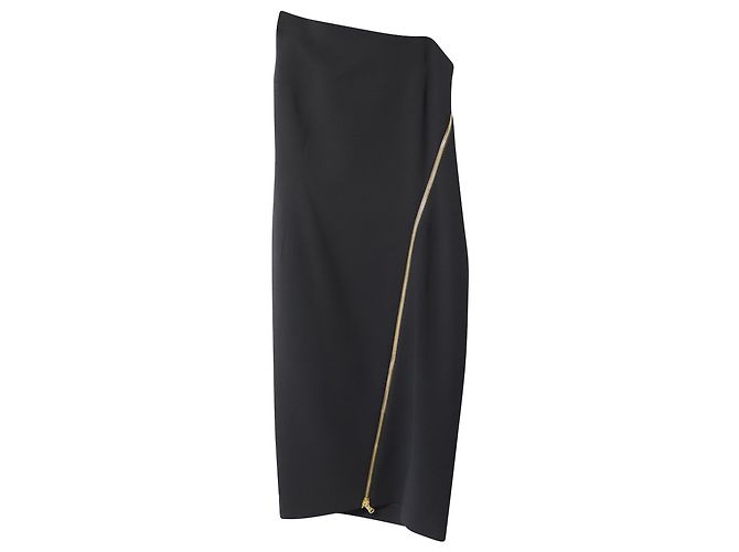 Saia Midi assimétrica com zíper Donna Karan em lã preta - vista 2
