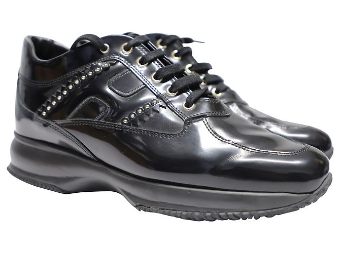 Sneakers Hogan Interactive con Borchie in Pelle Verniciata Nera Nero - vista 3