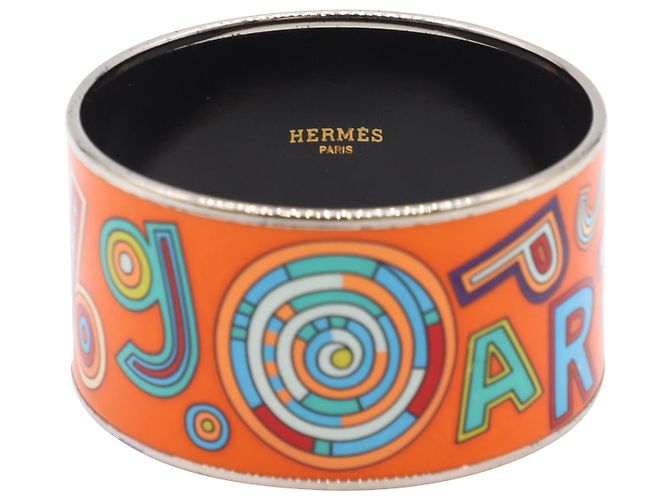 Hermès Hermes Printed Silver Trim Wide Cuff in orangefarbener Emaille - Ansicht 2