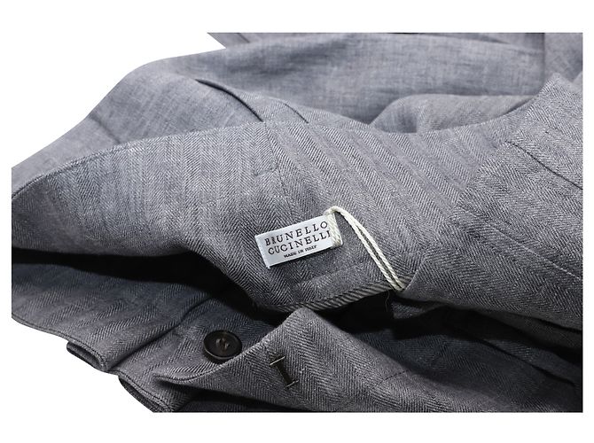 Brunello Cucinelli Kurz geschnittene, plissierte Fischgrätenhose mit geradem Bein aus grauem Leinen - Ansicht 2