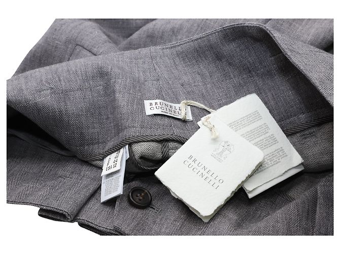 Brunello Cucinelli Kurz geschnittene, plissierte Fischgrätenhose mit geradem Bein aus grauem Leinen - Ansicht 5