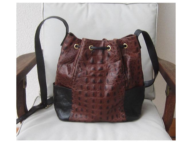 Borsa a secchiello Rodo in pelle stampata caimano nero cioccolato Marrone Castagno - vista 2