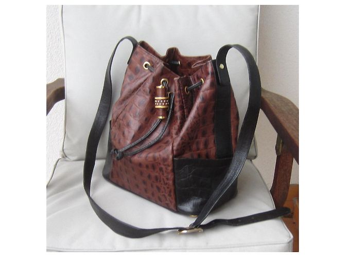 Borsa a secchiello Rodo in pelle stampata caimano nero cioccolato Marrone Castagno - vista 3