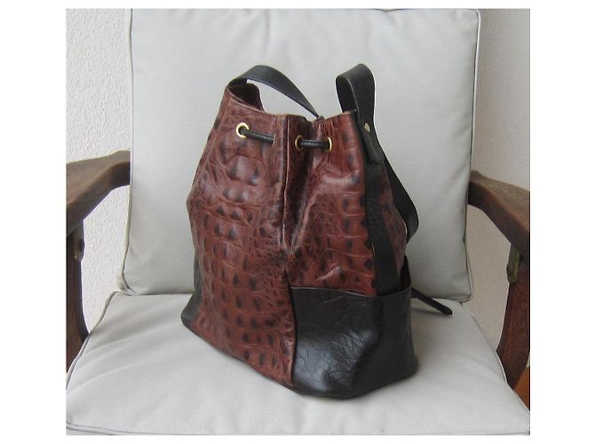Borsa a secchiello Rodo in pelle stampata caimano nero cioccolato Marrone Castagno - vista 5