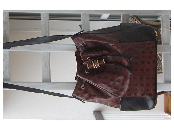 Borsa a secchiello Rodo in pelle stampata caimano nero cioccolato Marrone Castagno - vista 9