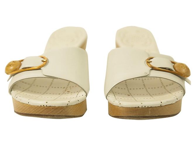Chanel in pelle bianca con tacco largo, sandali, sandali, scarpe diapositive taglia 37 - vista 3