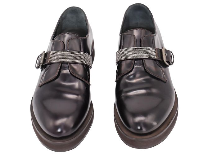 Brunello Cucinelli Oxford Shoes with Buckle in Brown Leather - vue 3