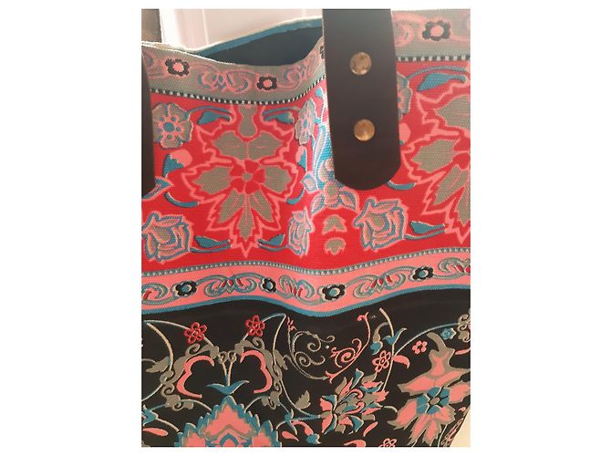 Autre Marque Bohemian Canvas Handtasche Schwarz Multicolour mit braunen Ledergriffen - Ansicht 3
