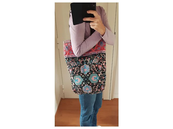 Autre Marque Bohemian Canvas Handtasche Schwarz Multicolour mit braunen Ledergriffen - Ansicht 4