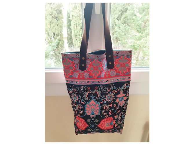 Autre Marque Bohemian Canvas Handtasche Schwarz Multicolour mit braunen Ledergriffen - Ansicht 5
