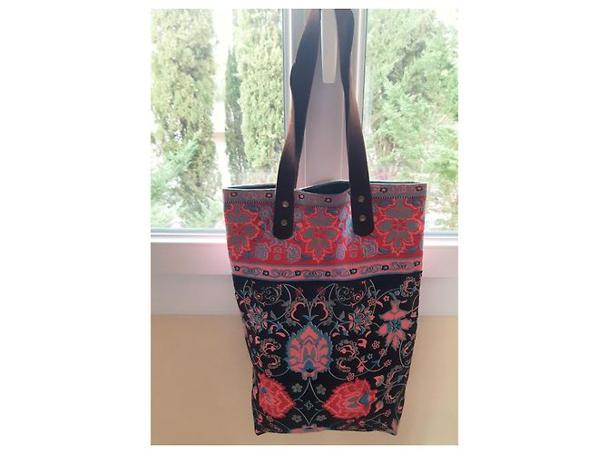 Autre Marque Bohemian Canvas Handtasche Schwarz Multicolour mit braunen Ledergriffen - Ansicht 6