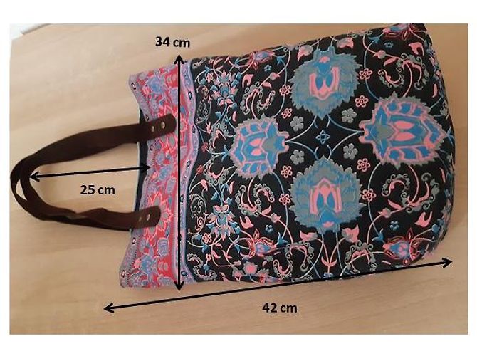 Autre Marque Bohemian Canvas Handtasche Schwarz Multicolour mit braunen Ledergriffen - Ansicht 8