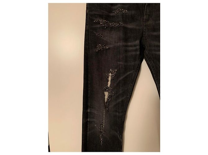 Jeans Gucci in denim distressed con studio e ricamo di cristalli Nero - vista 2