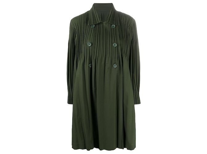 Pleats Please Abrigo plisado con botonadura y forro caqui Verde - vista 6