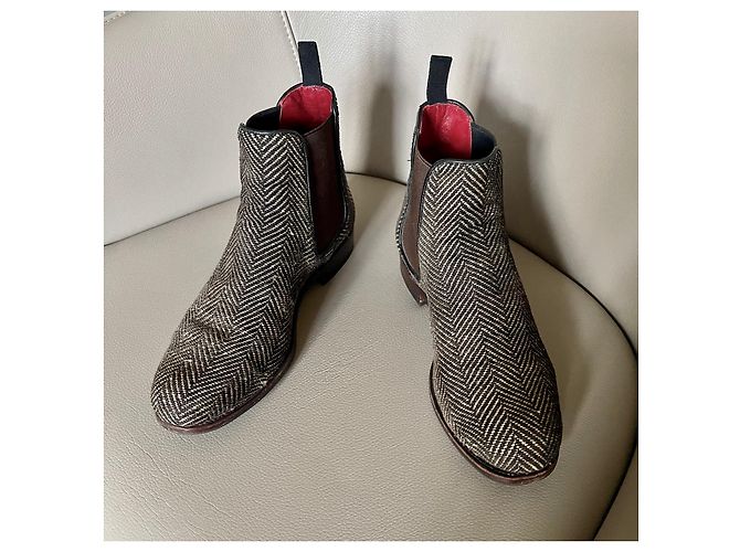 Autre Marque boots à élastique et Tweed Carmina - Paire unique fabriquée sur commande spéciale Rouge Blanc cassé Marron foncé - vue 2