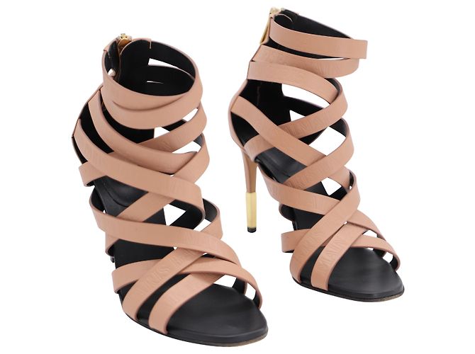 Balmain Charlotte 95 Sandali in pelle rosa con logo goffrato Pesca - vista 5