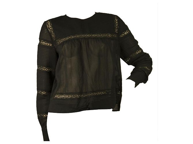 Isabel Marant Etoile Camicetta a maniche lunghe in pizzo di cotone nero Top size 38 - vista 7