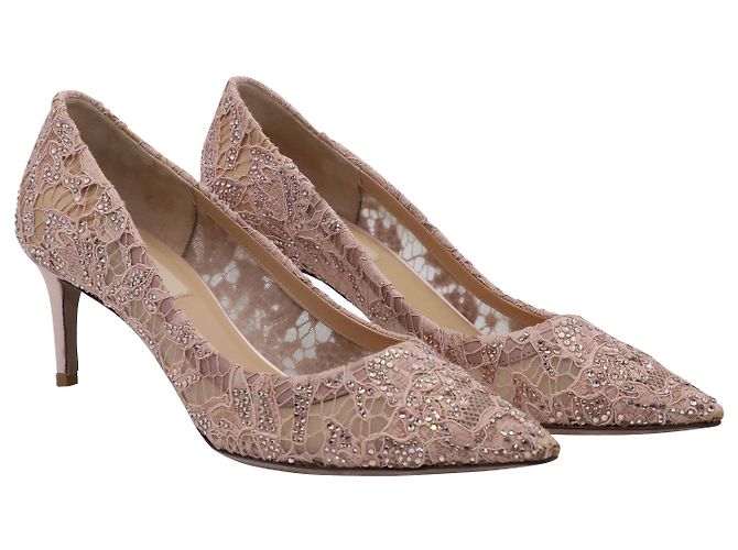 Escarpines de punta fina de encaje Valentino en nylon nude Castaño Carne - vista 4