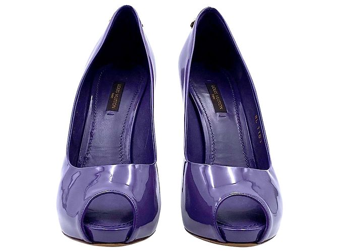 Decolleté Louis Vuitton open toe in vernice viola con tacco a lucchetto Porpora - vista 5