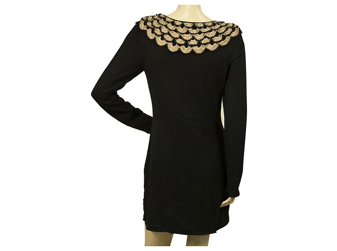 Temperley London Temperley Schwarzes Seidenstrick Beige Gold Häkellätzchen Lange Ärmel Minikleid Größe L - Ansicht 2