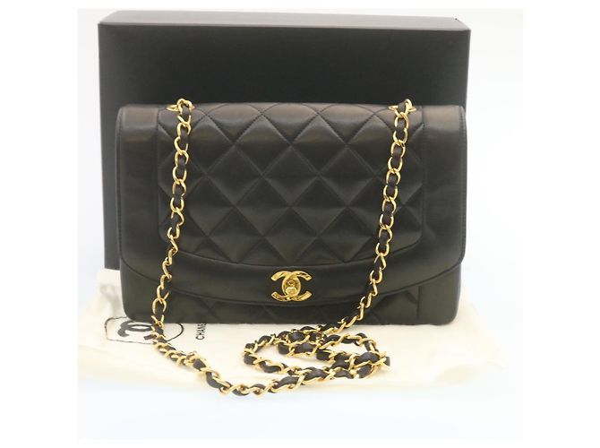CHANEL Chain Turn Lock Diana Matelasse Shoulder Bag Lamb Skin Black Auth knn076 - view 12