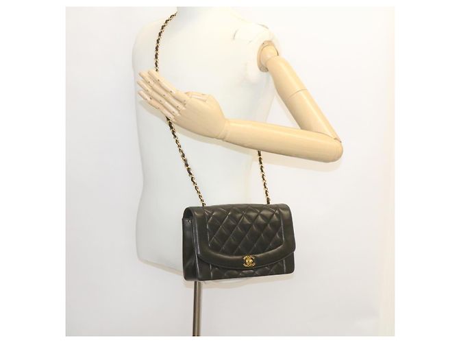 CHANEL Chain Turn Lock Diana Matelasse Shoulder Bag Lamb Skin Black Auth knn076 - view 23
