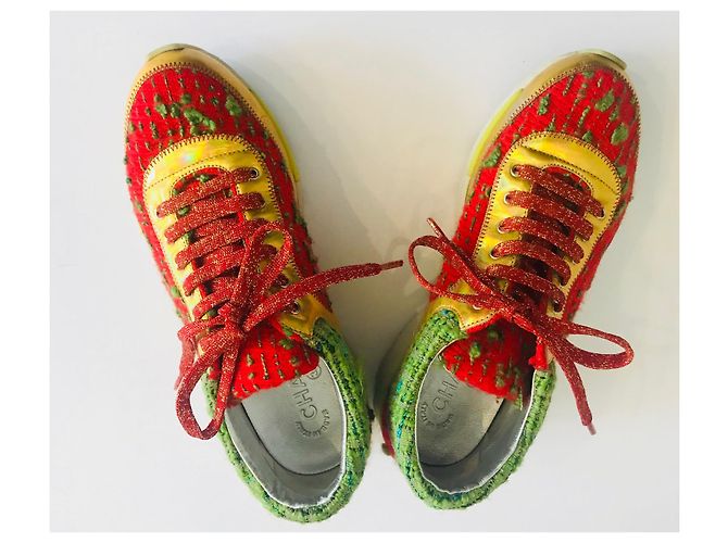 Sneakers Chanel in tweed e pelle metallizzata rosso verde oro D'oro - vista 18