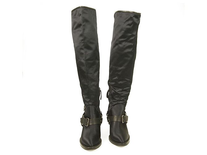 Ermanno Scervino Blue Satin Black Leather Overknee-Stiefel Heels Schuhe Gr 39 - Ansicht 2