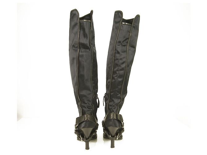Ermanno Scervino Blue Satin Black Leather Overknee-Stiefel Heels Schuhe Gr 39 - Ansicht 3