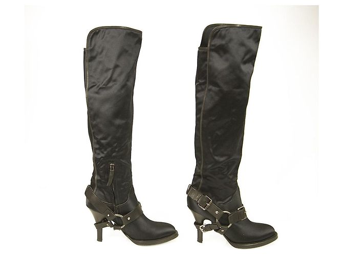 Ermanno Scervino Blue Satin Black Leather Overknee-Stiefel Heels Schuhe Gr 39 - Ansicht 5