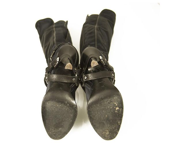Ermanno Scervino Blue Satin Black Leather Overknee-Stiefel Heels Schuhe Gr 39 - Ansicht 6