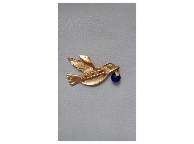 Autre Marque Patrick Rétif Goldene Vogel Brosche mit blauer Glasperle - Ansicht 2