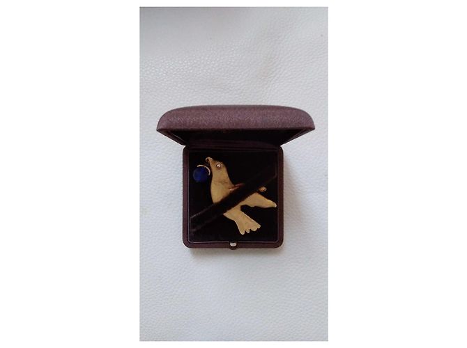 Autre Marque Patrick Rétif Goldene Vogel Brosche mit blauer Glasperle - Ansicht 3