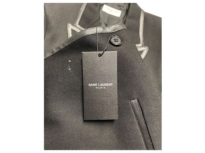 Blazer Saint Laurent con bordo in ecopelle in lana nera - vista 10