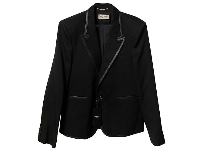 Blazer Saint Laurent con bordo in ecopelle in lana nera - vista 4