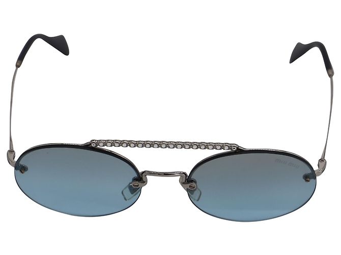 Occhiali da Sole Miu Miu Ovali Con Barra Strass in Metallo Azzurro - vista 2
