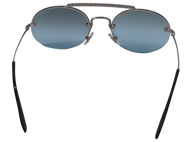 Occhiali da Sole Miu Miu Ovali Con Barra Strass in Metallo Azzurro - vista 3