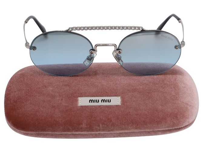 Occhiali da Sole Miu Miu Ovali Con Barra Strass in Metallo Azzurro - vista 4