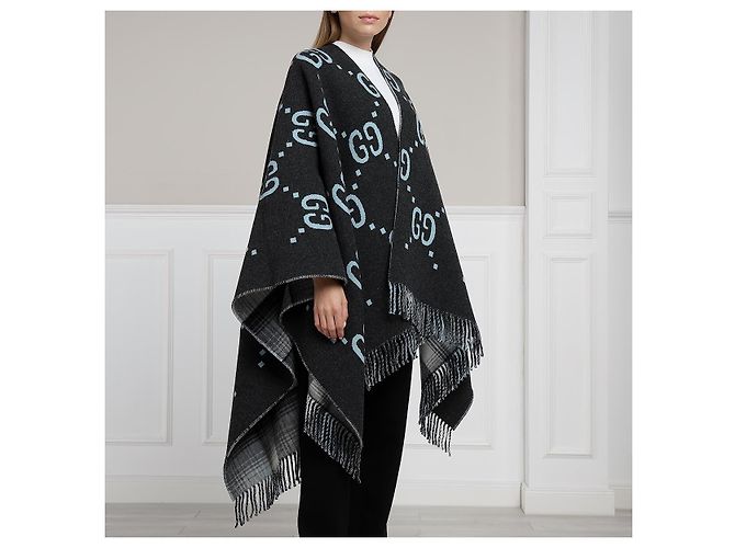 GUCCI Wendeponcho GG Wolle Graphit/Grau neu mit Etikett - Ansicht 4