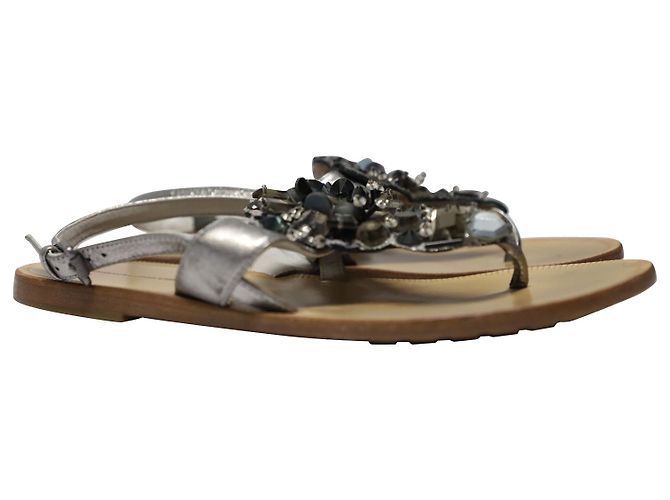 Vera Wang Sandali Piatti a T Bar con Strass Lavanda in Pelle Argento Metallico - vista 3