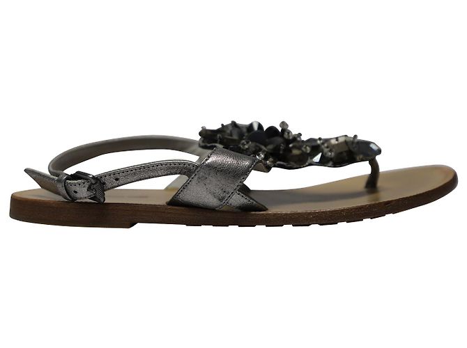 Vera Wang Sandali Piatti a T Bar con Strass Lavanda in Pelle Argento Metallico - vista 4