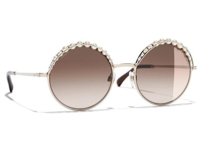 Chanel Runde Sonnenbrille, Metall & Kunstperlen Hellbraun - Ansicht 2