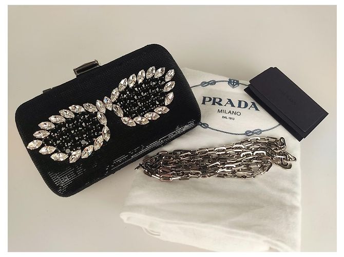 Prada pochette in paillettes e strass con catena - vista 2