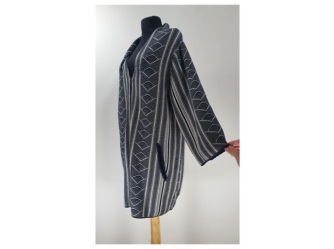 Cardigan Cappotto Dagmar in Lana Merino Nero Bianco - vista 3